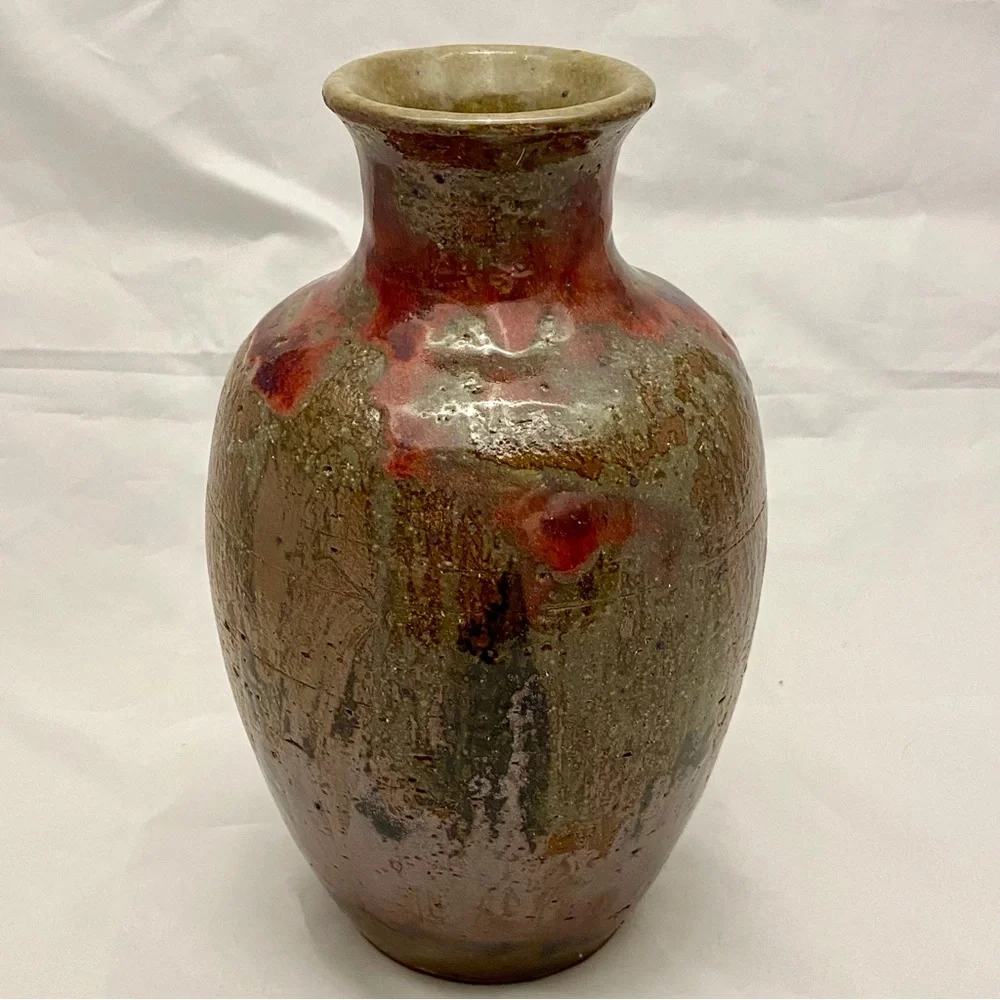 Studio Art Pottery, Hand Thrown, Brown Grey Red Glazed Vase